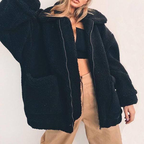 women lamb wool coat faux fur jacket autumn winter soft warm outerwear fashion casual zipper pockets pure color lapel overcoat, Black
women lamb wool coat faux fur jacket autumn winter soft warm outerwear fashion casual zipper pockets pure color lapel overcoat, Black