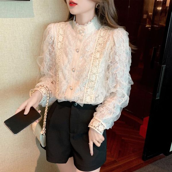 women's t-shirt autumn yarn lace shirt long sleeve western style collar fairy sweet top, White
women's t-shirt autumn yarn lace shirt long sleeve western style collar fairy sweet top, White