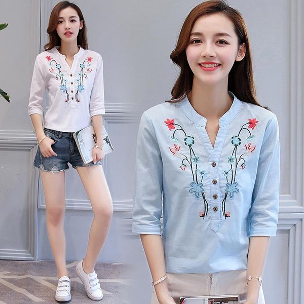 women's blouses & shirts women casual basic summer blouse shirt v-neck half sleeve embroidery, White
women's blouses & shirts women casual basic summer blouse shirt v-neck half sleeve embroidery, White