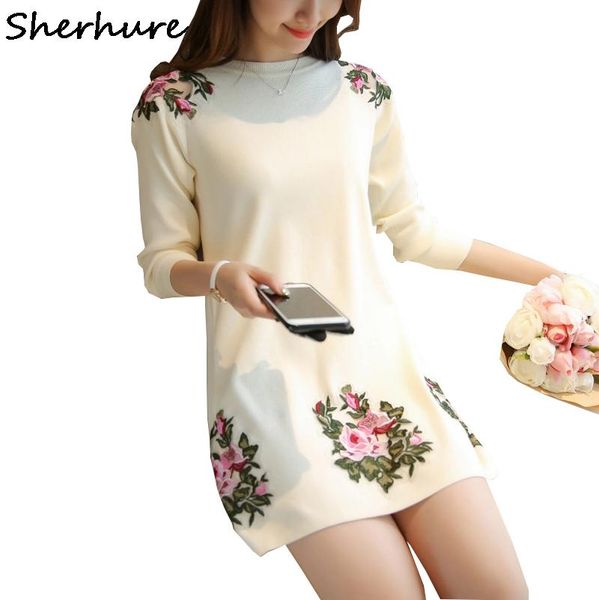 women's sweaters 2021 peony flower embroidery patch and o-neck sweater dress pull femme women long pullovers, White;black
women's sweaters 2021 peony flower embroidery patch and o-neck sweater dress pull femme women long pullovers, White;black