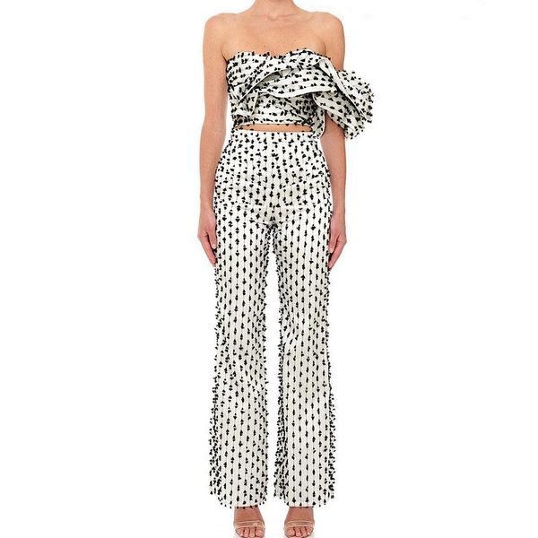 women's two piece pants black and white contrast feather bra one shoulder twist sleeve women sets 
women's two piece pants black and white contrast feather bra one shoulder twist sleeve women sets