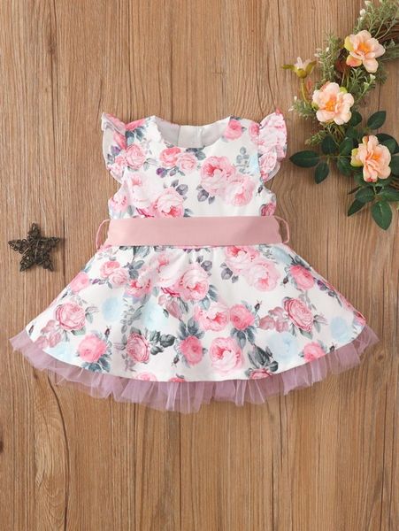 baby floral print ruffle sleeve mesh insert belted dress she, Red;yellow 
baby floral print ruffle sleeve mesh insert belted dress she, Red;yellow