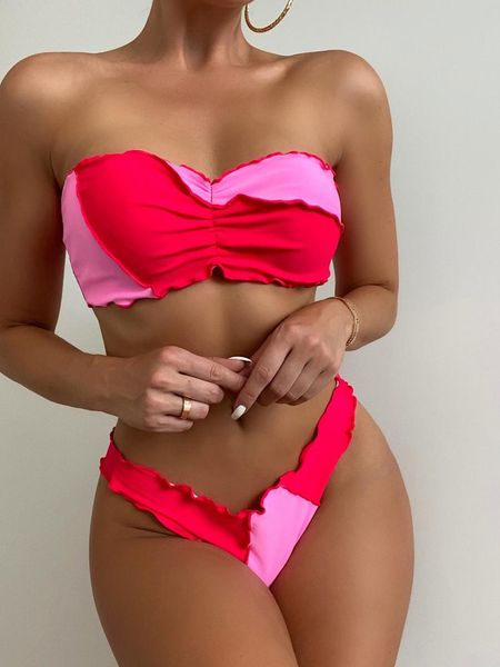 women's swimwear patchwork bandeau bikini women two pieces set swimsuit high leg cut strapless bathing suit swim beachwear, White;black
women's swimwear patchwork bandeau bikini women two pieces set swimsuit high leg cut strapless bathing suit swim beachwear, White;black