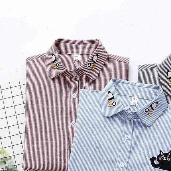 womens shirts spring women long sleeve stripe cat embroidery fashion cotton blouse casual slim office blusas, White
womens shirts spring women long sleeve stripe cat embroidery fashion cotton blouse casual slim office blusas, White