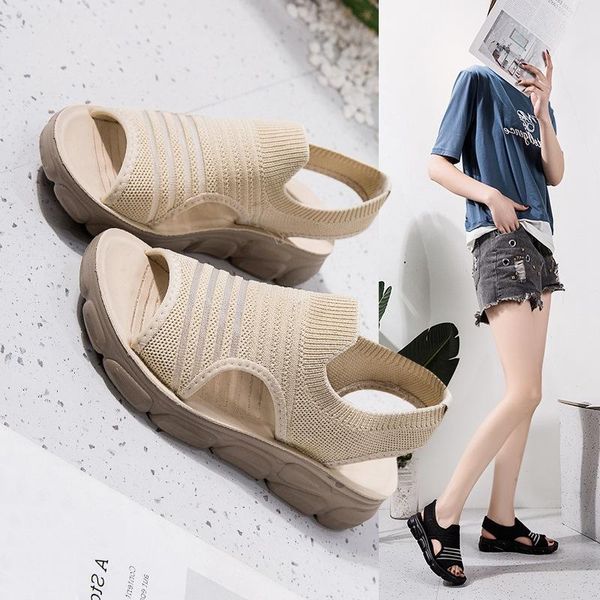 sandals women casual summer knitted fabric ladies comfy shoes fish mouth big size wedge female sport, Black 
sandals women casual summer knitted fabric ladies comfy shoes fish mouth big size wedge female sport, Black