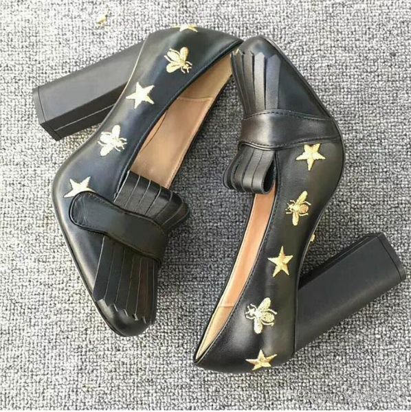 

Black High Heels Bee five pointed star embroidery pattern women's shoes Hot Designer Marmont Leather high-quality leather Dress shoe, Color 1