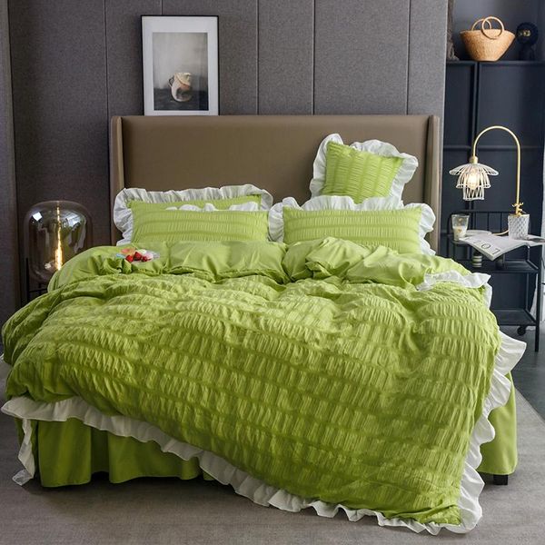 bedding sets solid color seersucker set 4pcs duvet cover flat sheet washed cotton home linens ruffles bedclothes #/
bedding sets solid color seersucker set 4pcs duvet cover flat sheet washed cotton home linens ruffles bedclothes #/