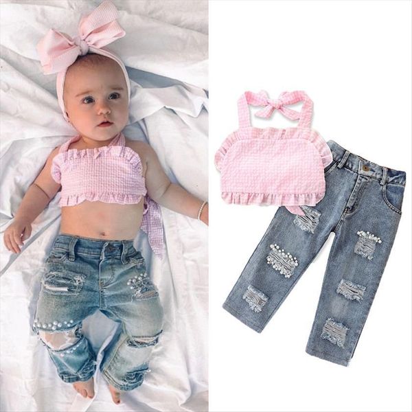 1 6y summer fashion girls clothes sets solid strap sleeveless halter vest pearl denim pants, White
1 6y summer fashion girls clothes sets solid strap sleeveless halter vest pearl denim pants, White