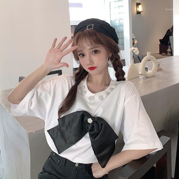women's t-shirt summer korean o-neck patchwork bow short sleeve t shirt for women clothing sweet style causal tees loose ladies hipste, White
women's t-shirt summer korean o-neck patchwork bow short sleeve t shirt for women clothing sweet style causal tees loose ladies hipste, White