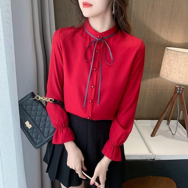 women's blouses & shirts 2021 spring korean slim long sleeve chiffon shirt stand collar lace up bottomed, White
women's blouses & shirts 2021 spring korean slim long sleeve chiffon shirt stand collar lace up bottomed, White