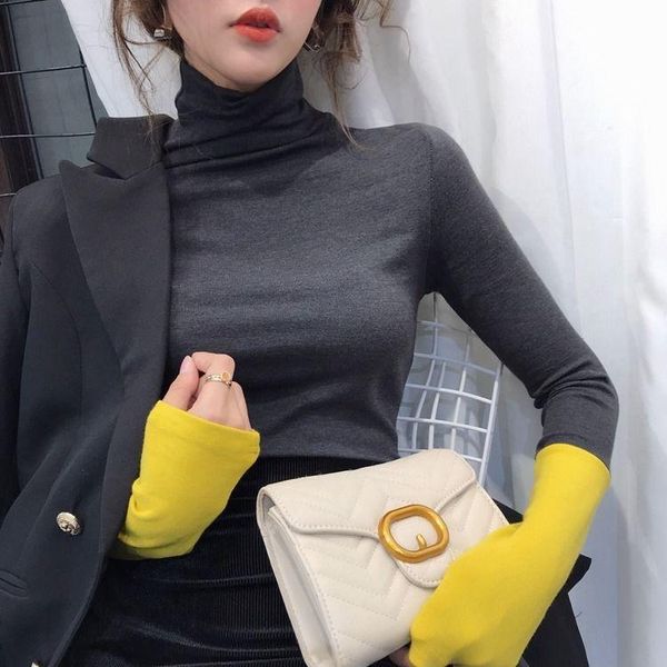 women's t-shirt cotton cuff color matching long-sleeved turtleneck autumn and winter, White
women's t-shirt cotton cuff color matching long-sleeved turtleneck autumn and winter, White