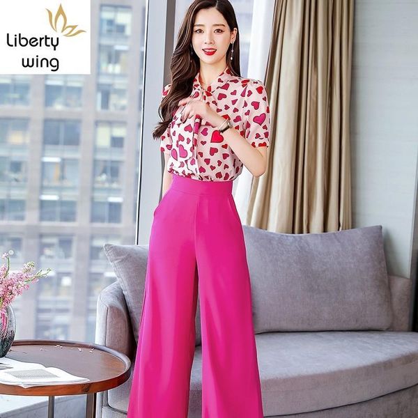new brand ensemble femme 2 pieces love print short sleeve o-neck lace up chiffon shirts solid ankle length wide leg pants, White