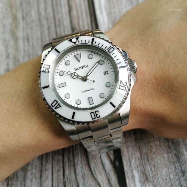 44mm bliger white dial luminous ceramic bezel stainless steel nh35 date automatic mens watch wristwatches, Slivery;brown
44mm bliger white dial luminous ceramic bezel stainless steel nh35 date automatic mens watch wristwatches, Slivery;brown