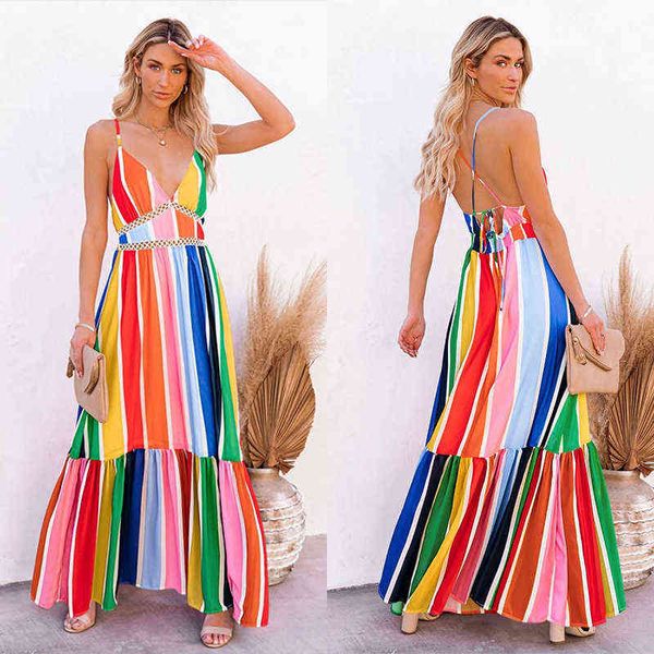 casual dresses 2022 summer women's long rainbow striped skirt suspender open back, Black;gray
casual dresses 2022 summer women's long rainbow striped skirt suspender open back, Black;gray