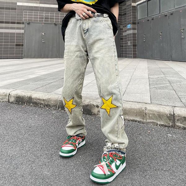 men's jeans high street five stars embroidery retro casual mens harajuku straight washed oversize loose denim trousers, Blue
men's jeans high street five stars embroidery retro casual mens harajuku straight washed oversize loose denim trousers, Blue