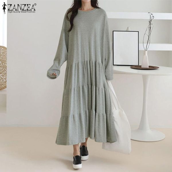 zanzea 2021 female autumn long maxi dress casual round neck long sleeves ruffle vestidos ladies vintage solid robe oversized 5xl, Black;gray 
zanzea 2021 female autumn long maxi dress casual round neck long sleeves ruffle vestidos ladies vintage solid robe oversized 5xl, Black;gray