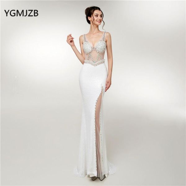 party dresses evening dress long 2021 mermaid v neck tassel crystals high split see through white women formal gown, White;black
party dresses evening dress long 2021 mermaid v neck tassel crystals high split see through white women formal gown, White;black