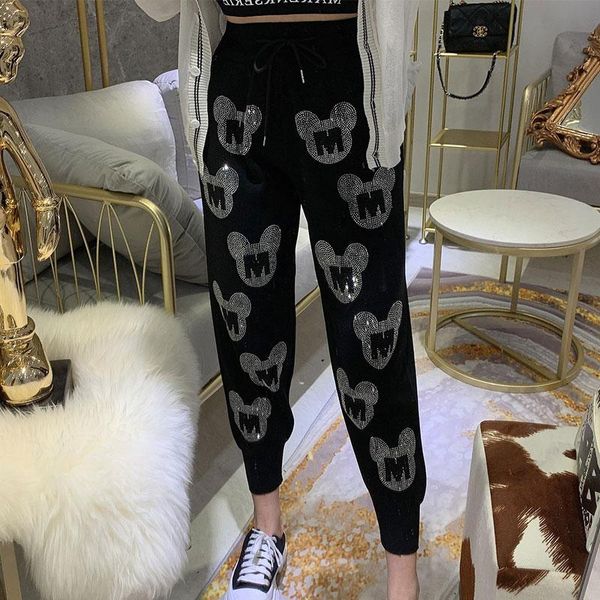women's pants & capris 2021 autumn printing heavy work drilling high waist casual women loose pant elastic black trousers, Black;white
women's pants & capris 2021 autumn printing heavy work drilling high waist casual women loose pant elastic black trousers, Black;white