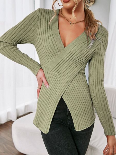 wrap front rib-knit sweater f91t#, White