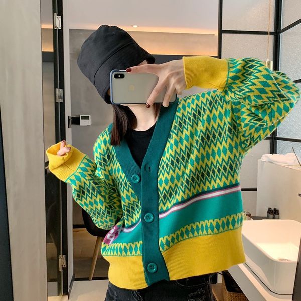 5077 diamond green cardigan color pattern korean loose autumn and winter contrast color wool sweater coat women, White
5077 diamond green cardigan color pattern korean loose autumn and winter contrast color wool sweater coat women, White