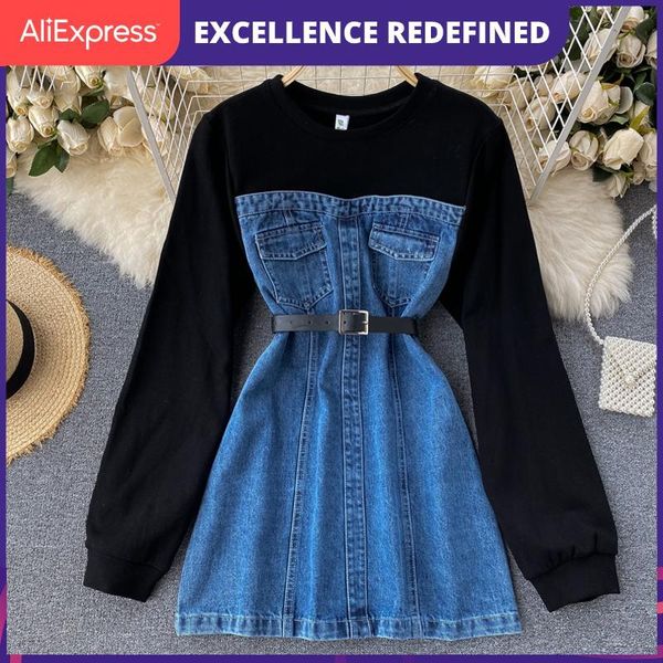 casual dresses chic women hoodies denim dress 2021 fashion long sleeve cotton sweatshirt patchwork mini jeans with belt, Black;gray
casual dresses chic women hoodies denim dress 2021 fashion long sleeve cotton sweatshirt patchwork mini jeans with belt, Black;gray