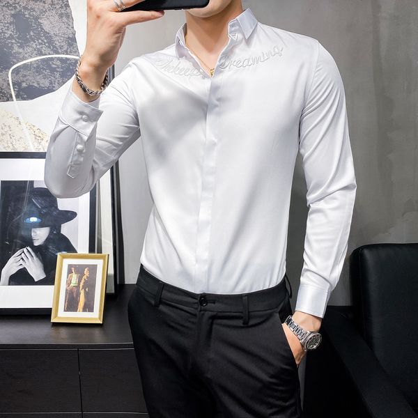 British 2021 New Fashion Business Men's Messrs Shirt Long Letter Embroidered Slim Fit Formal Shirts GP9W, Black;brown
British 2021 New Fashion Business Men's Messrs Shirt Long Letter Embroidered Slim Fit Formal Shirts GP9W, Black;brown