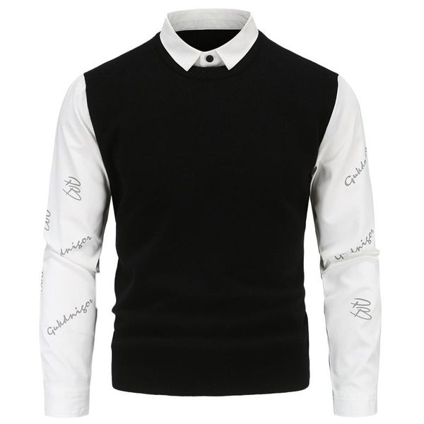 men's sweaters 2021 fall slim fake two-piece pullovers british shirt collar striped sleeve knit sweater, White;black
men's sweaters 2021 fall slim fake two-piece pullovers british shirt collar striped sleeve knit sweater, White;black