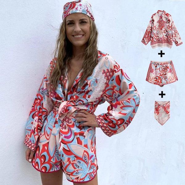 women's swimwear 3 sets vintage totem floral print women shirt shorts scarf casual spring summer single breasted chic streetwear, White;black
women's swimwear 3 sets vintage totem floral print women shirt shorts scarf casual spring summer single breasted chic streetwear, White;black