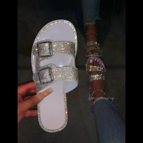 slippers 2021 soft bottom rhinestone metal buckle flat candy color jelly beach women's sandals and plus size slip, Black 
slippers 2021 soft bottom rhinestone metal buckle flat candy color jelly beach women's sandals and plus size slip, Black