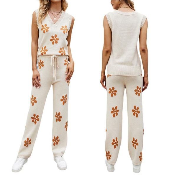 women's two piece pants women two-piece knitted clothes set, beige floral pattern v-neck vest and straight-leg trousers, White
women's two piece pants women two-piece knitted clothes set, beige floral pattern v-neck vest and straight-leg trousers, White