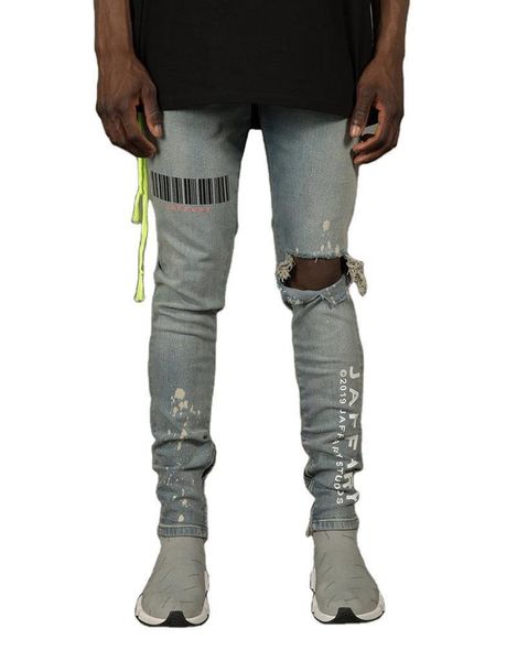 men's jeans fashion high street solid color stretch printing small leg with holes ripped for men wear, Blue
men's jeans fashion high street solid color stretch printing small leg with holes ripped for men wear, Blue