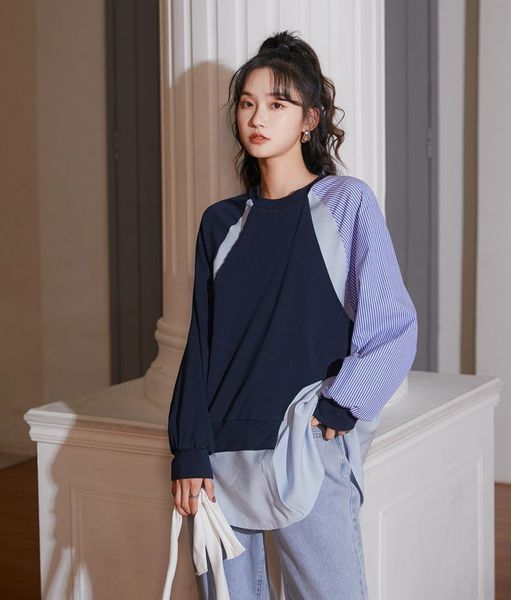 2021 new asymmetrical design fake two-piece patchwork striped long pullover o neck loose slim sweatshirt women 4uza, Black
2021 new asymmetrical design fake two-piece patchwork striped long pullover o neck loose slim sweatshirt women 4uza, Black