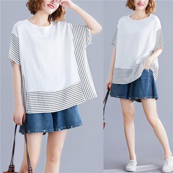 women's t-shirt 2021 summer korean simple solid stripe stitching loose plus size cotton casual all-match women, White
women's t-shirt 2021 summer korean simple solid stripe stitching loose plus size cotton casual all-match women, White