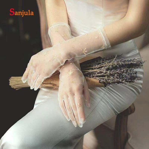 bridal gloves middle length full finger tulle with shiny gold stars women dinner dress accessories guantes transparentes g80, White
bridal gloves middle length full finger tulle with shiny gold stars women dinner dress accessories guantes transparentes g80, White