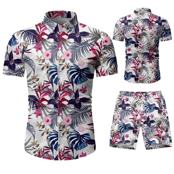 gym clothing men's hawaiian shirt set round neck fashion print short sleeve shorts summer, White;black