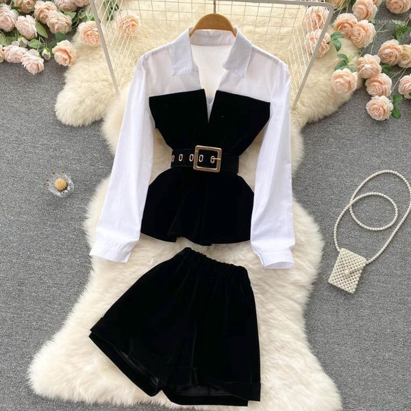 women's tracksuits autumn vintage women black velvet patchwork two piece set elegant turn-down collar long sleeve blouse + wide leg sho, Gray
women's tracksuits autumn vintage women black velvet patchwork two piece set elegant turn-down collar long sleeve blouse + wide leg sho, Gray