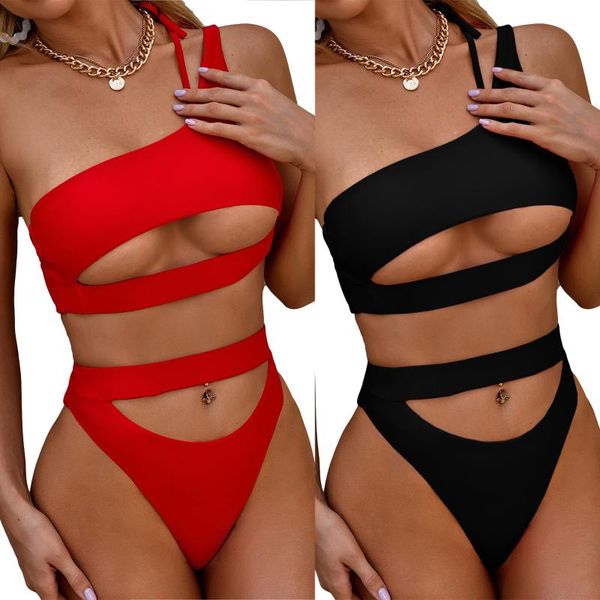 women's swimwear tight 2pcs women bikini set single should bandage cut out bra navel high waist briefs thong beachwear swimsuit, White;black
women's swimwear tight 2pcs women bikini set single should bandage cut out bra navel high waist briefs thong beachwear swimsuit, White;black
