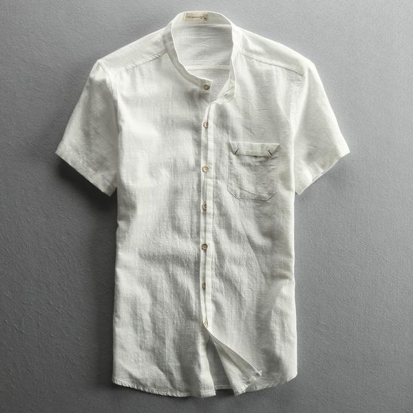 men's casual shirts vintage style cotton linen mandarin collar short sleeve men white gray dark blue summer shirt with front pocket, White;black
men's casual shirts vintage style cotton linen mandarin collar short sleeve men white gray dark blue summer shirt with front pocket, White;black