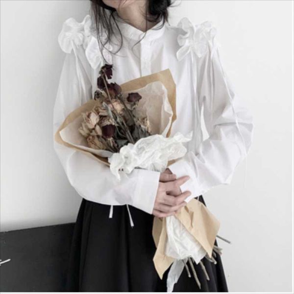 women's blouses & shirts autumn small standing collar solid color shoulder rope flounces lace long sleeve shirt, White
women's blouses & shirts autumn small standing collar solid color shoulder rope flounces lace long sleeve shirt, White