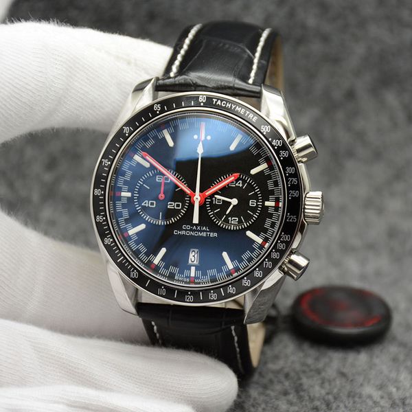 

Stainless Steel Case Quartz Movement Chronograph Mens Watches Black / Blue Dial with Roating Bezel OM High-end top quality luxury watch fashion accessories