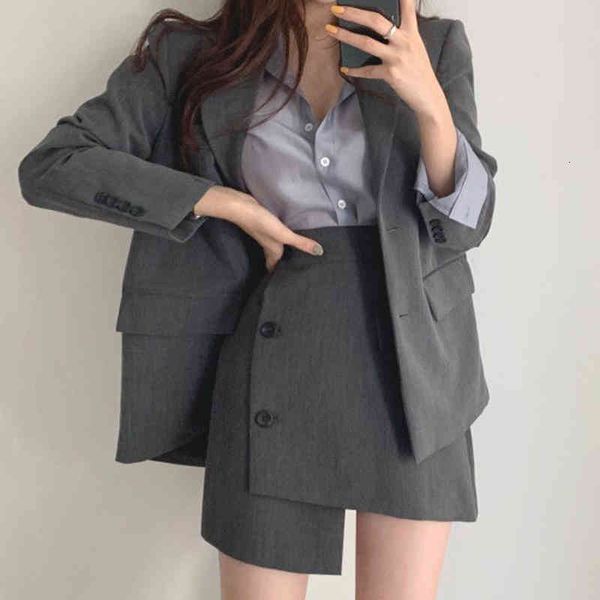 two piece dress ol loose back split lapel blazer jacket grey high waist single breasted irregular skirt black suit fashion sets f90v, White
two piece dress ol loose back split lapel blazer jacket grey high waist single breasted irregular skirt black suit fashion sets f90v, White