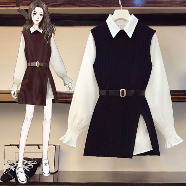 large women's dress early spring 2021 new fat sister foreign style shirt knitted vest skirt two piece suit, White;black
large women's dress early spring 2021 new fat sister foreign style shirt knitted vest skirt two piece suit, White;black