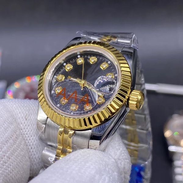 26mm automatic mechanical women's watch black diamond digital stainless steel two-color gold strap folding buckle fashion classic watch, Slivery;brown
26mm automatic mechanical women's watch black diamond digital stainless steel two-color gold strap folding buckle fashion classic watch, Slivery;brown