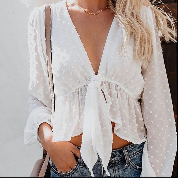 blouse women transparent white shirt pullover polka dot deep v neck detachable bow ruffles lantern sleeve crop t89391
blouse women transparent white shirt pullover polka dot deep v neck detachable bow ruffles lantern sleeve crop t89391