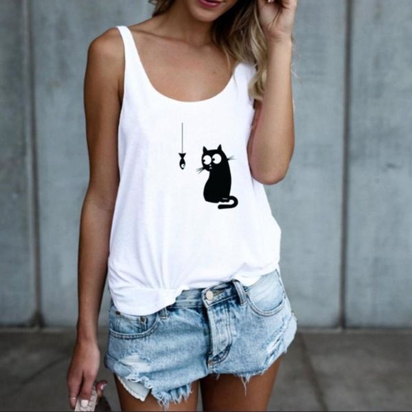summer loose cat printed tank women backless animal printing wdc4738, White 
summer loose cat printed tank women backless animal printing wdc4738, White