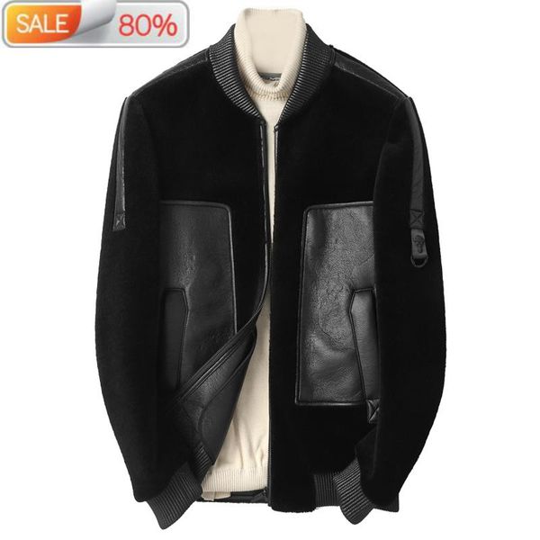 men's leather & faux real sheep shearling fur coat autumn 2021 winter jacket men 100% wool coats streetwear baseball jackets nd1421, Black 
men's leather & faux real sheep shearling fur coat autumn 2021 winter jacket men 100% wool coats streetwear baseball jackets nd1421, Black