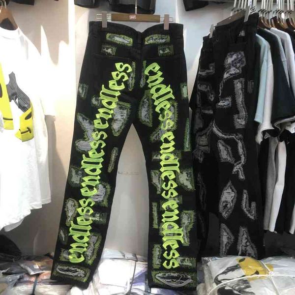men's jeans endless 2021ss denies feminine male pants punk breaker style embroidered endless straight, Blue 
men's jeans endless 2021ss denies feminine male pants punk breaker style embroidered endless straight, Blue
