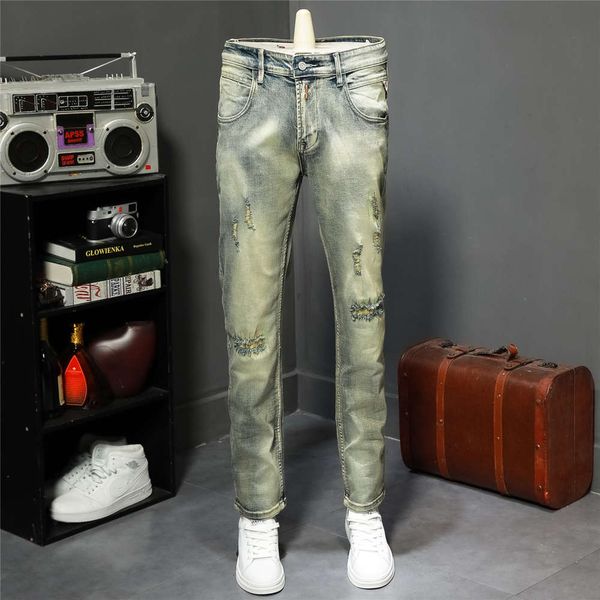 pierced jeans men's slim straight autumn and winter nostalgic fashion brand personality patch light color old elastic pants, Blue
pierced jeans men's slim straight autumn and winter nostalgic fashion brand personality patch light color old elastic pants, Blue