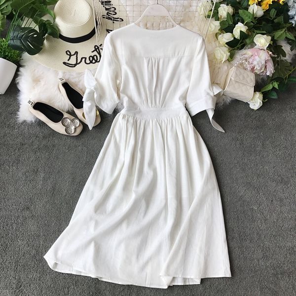women dress cotton and linen elegant pleated knee length v neck lace up bow sleeves white party dress evening, Black;red
women dress cotton and linen elegant pleated knee length v neck lace up bow sleeves white party dress evening, Black;red
