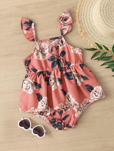 baby floral print ruffle trim combo bodysuit dress she02, Red;yellow